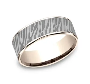14K Rose Gold And Gray Tantalum ??The Tiger Stripe?? 7.5mm Comfort Fit Wedding Band