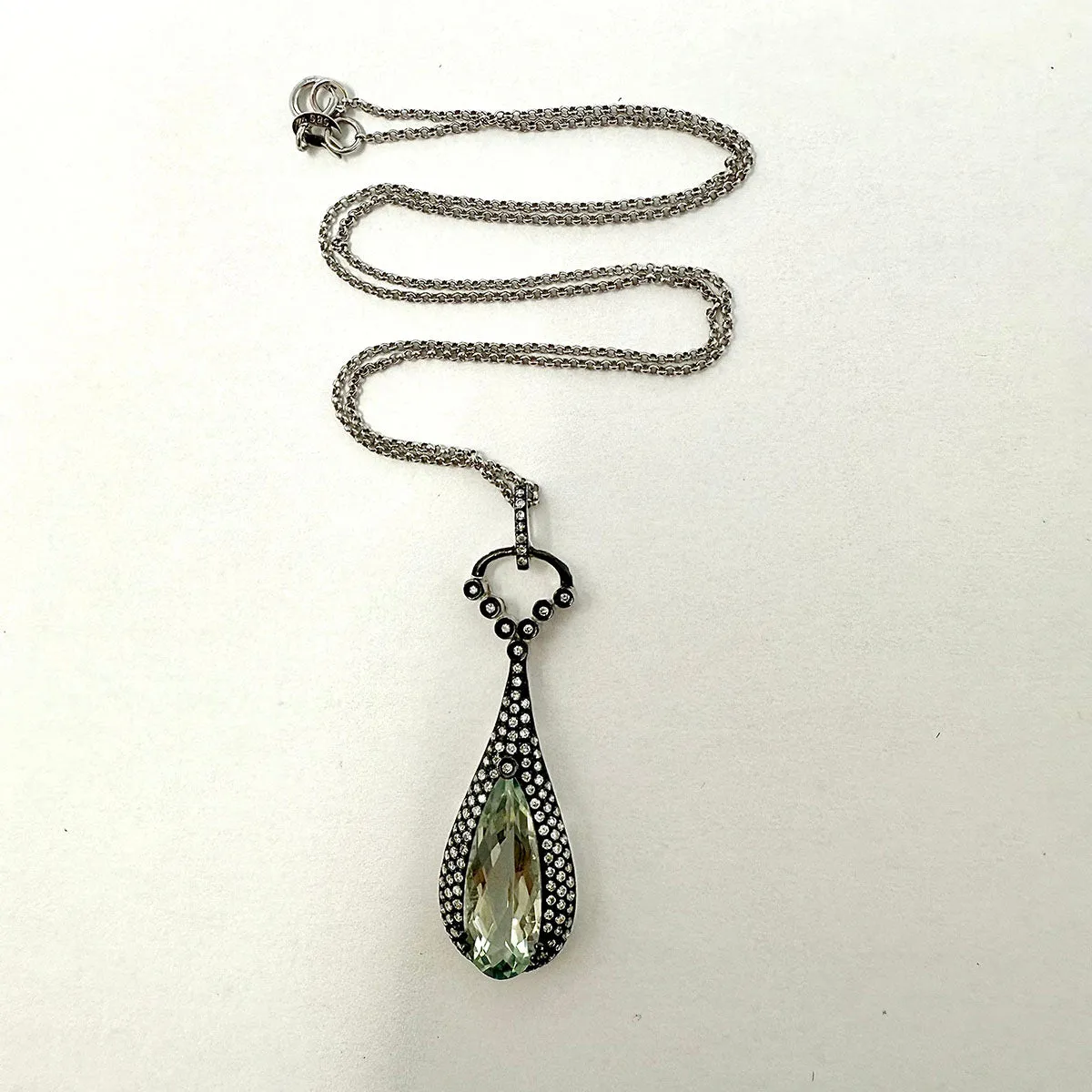 14K White Gold 16" Pendant Necklace with Green Amethyst