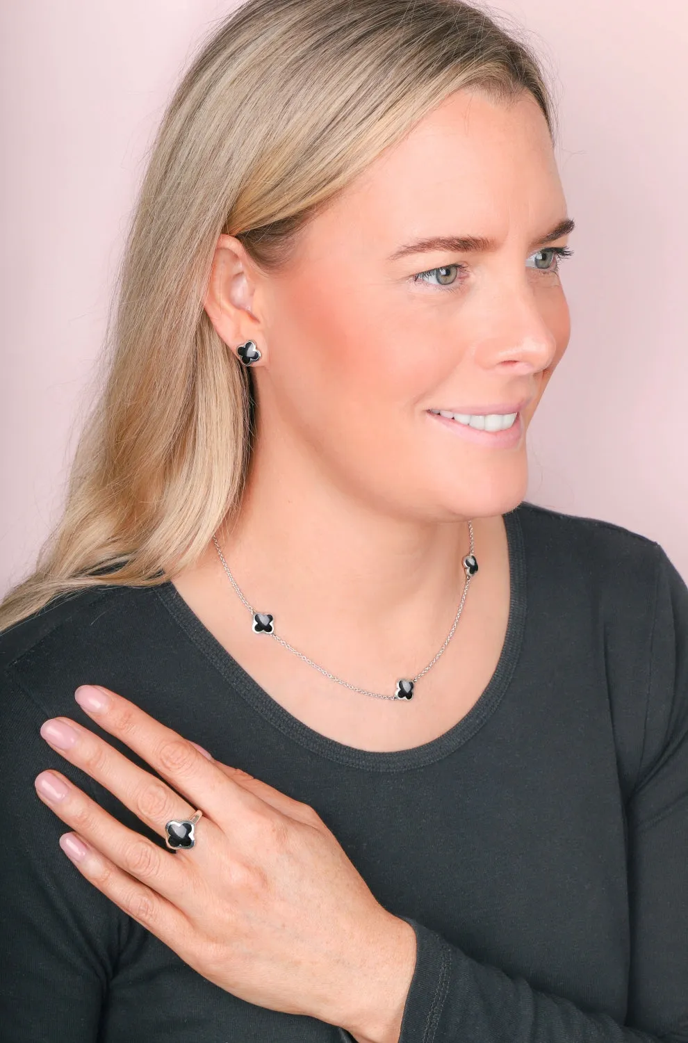 18ct Rose Gold Whitby Jet Bloom Four Leaf Clover Ring