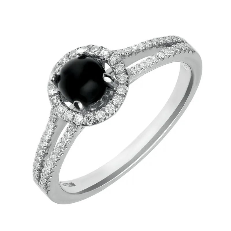 18ct White Gold Whitby Jet and 0.26ct Diamond Round Split Shank Ring
