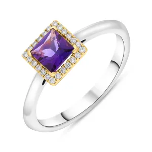 18ct White Yellow Gold Amethyst Diamond Square Cluster Ring