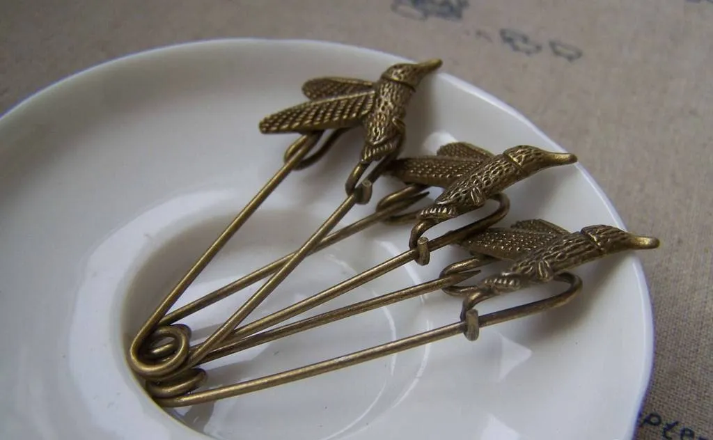 6 pcs Antique Bronze Bird Safety Pins Broochs A2880