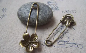 6 pcs Antique Bronze Flower Safety Pins Broochs A4873