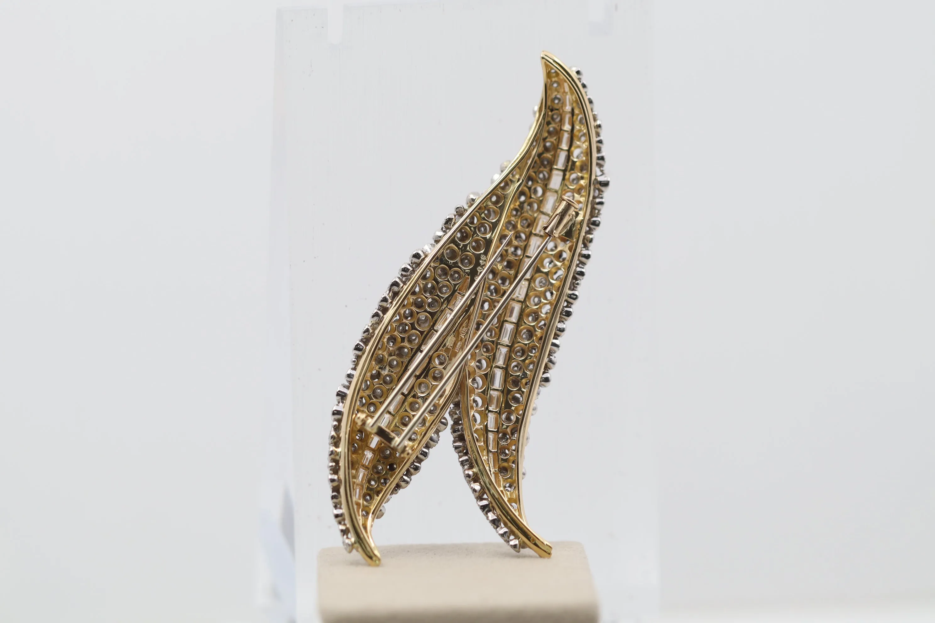 Antique-Style Diamond Double-Leaf Gold & Platinum Brooch