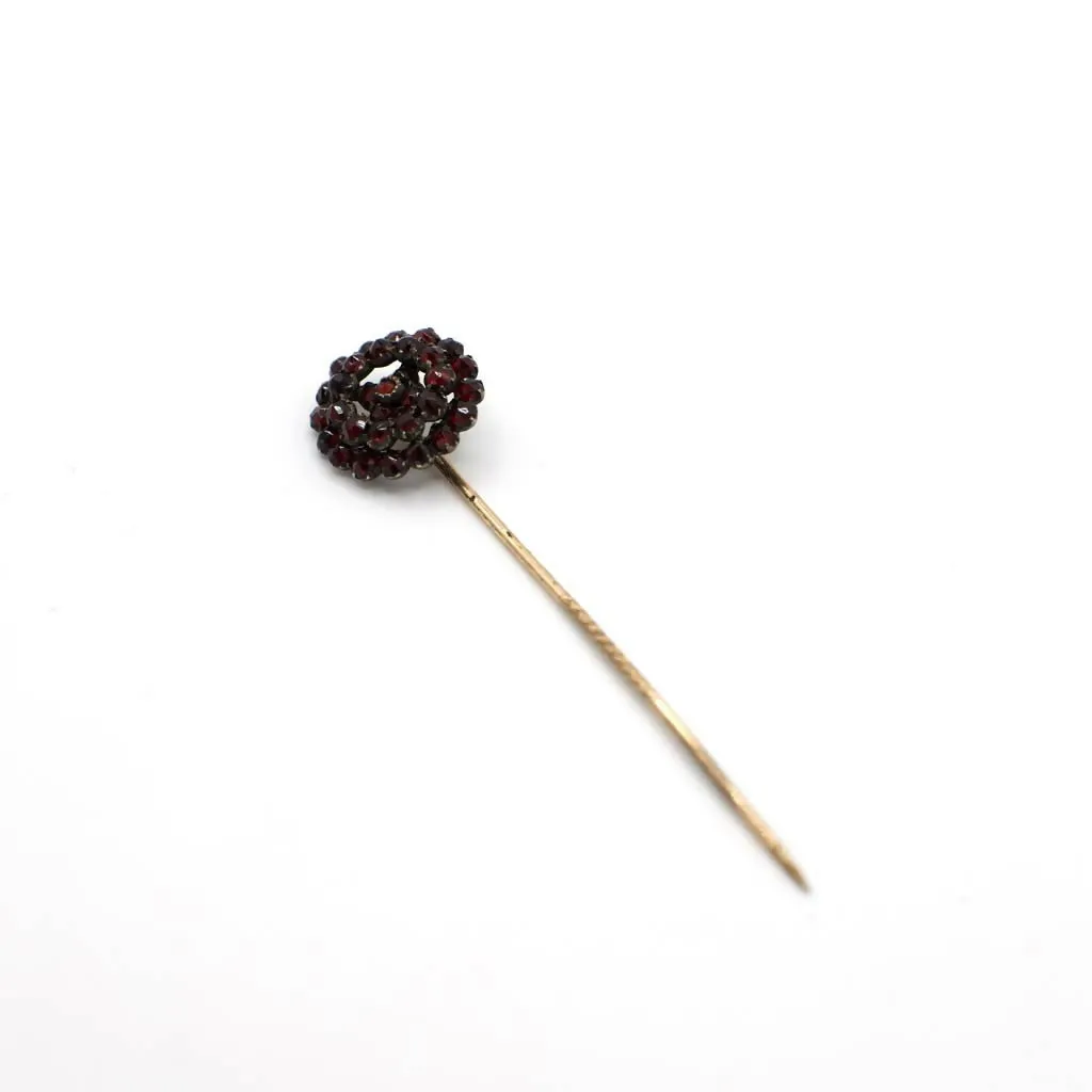Antique Victorian Rose Cut Simulated Bohemian Garnet Stick Pin In 14K Gold Over Base Metal