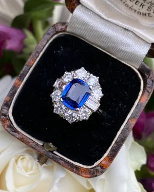 Art Deco Sapphire and Diamond Cluster Ring 1.15ct   1.85ct Platinum
