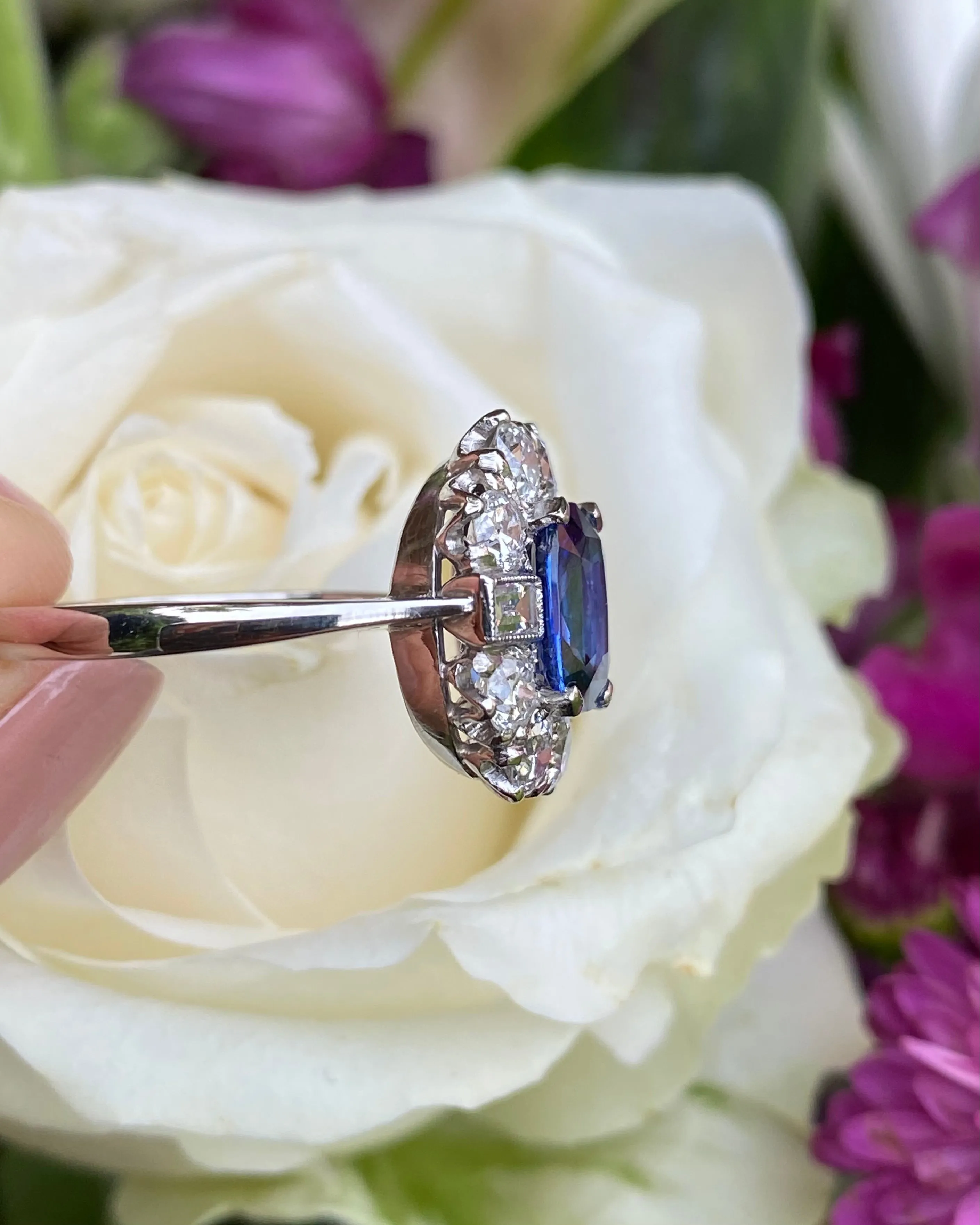 Art Deco Sapphire and Diamond Cluster Ring 1.15ct   1.85ct Platinum