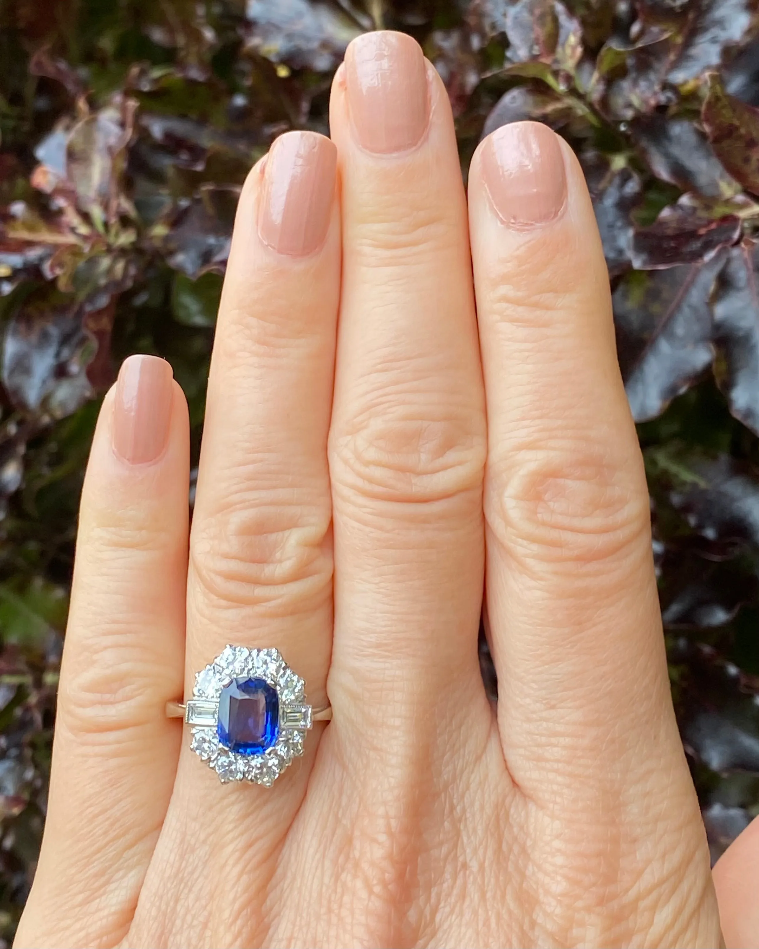 Art Deco Sapphire and Diamond Cluster Ring 1.15ct   1.85ct Platinum