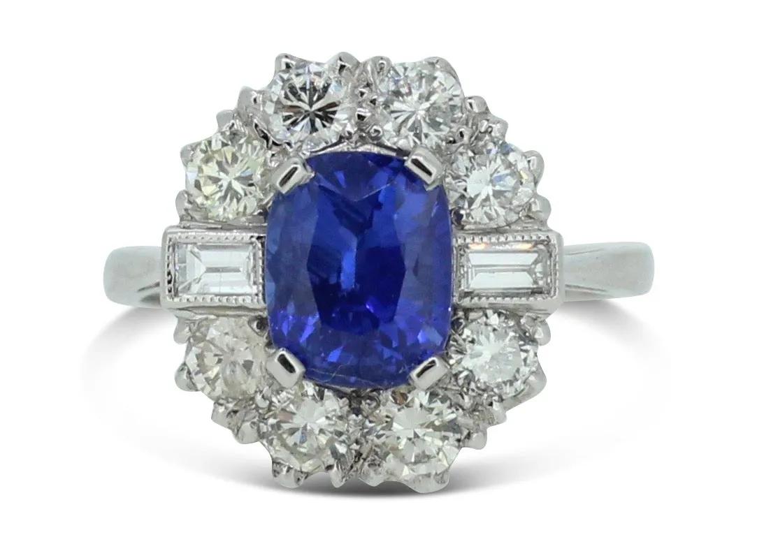 Art Deco Sapphire and Diamond Cluster Ring 1.15ct   1.85ct Platinum