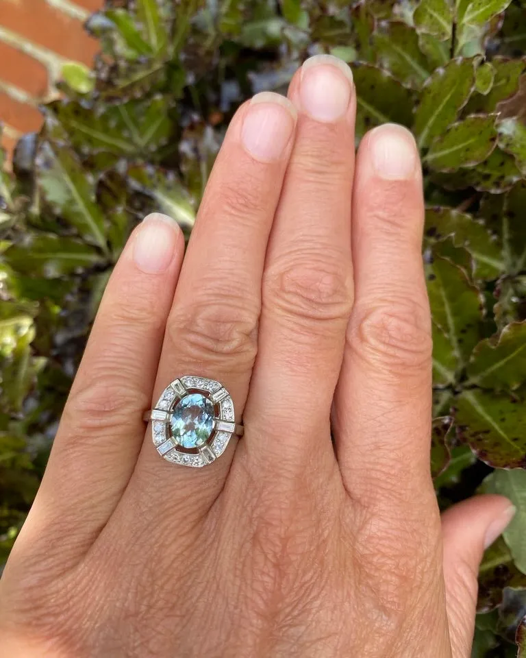 Art Deco Style Aquamarine and Diamond Ring Platinum 0.40ct   1.50ct