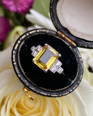 Art Deco Yellow Sapphire and Diamond Platinum Ring 0.18ct   2.85ct