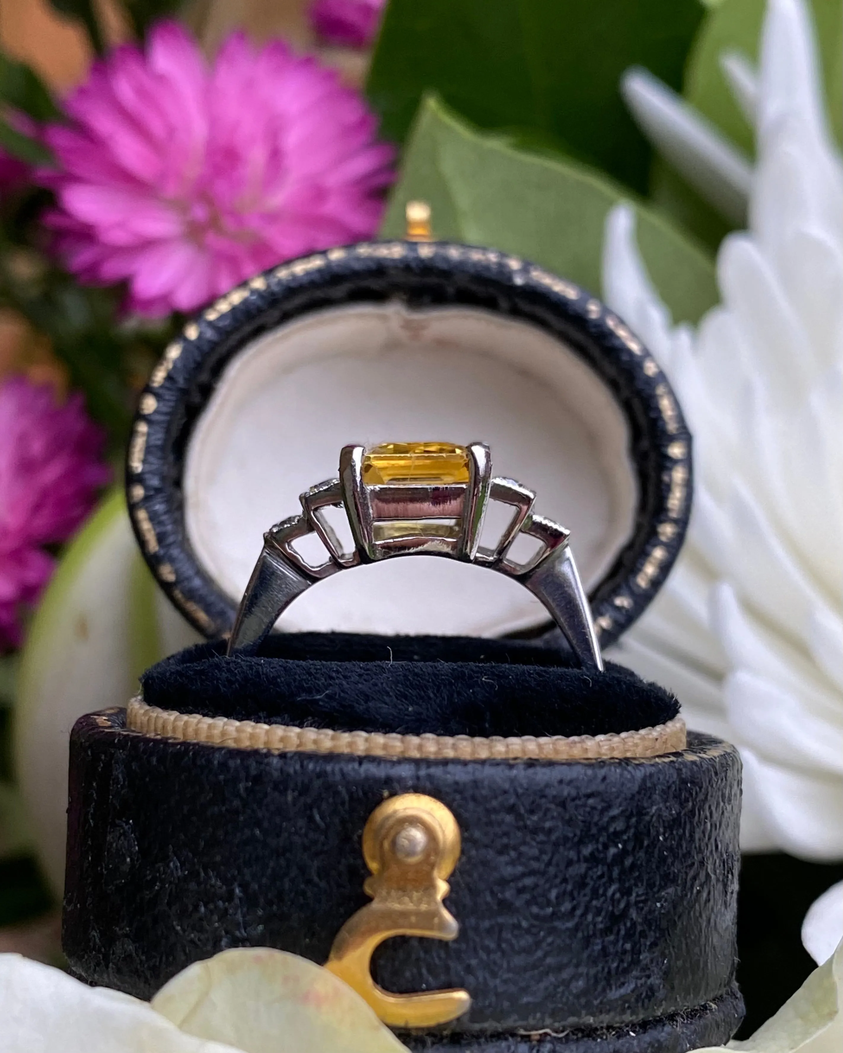 Art Deco Yellow Sapphire and Diamond Platinum Ring 0.18ct   2.85ct