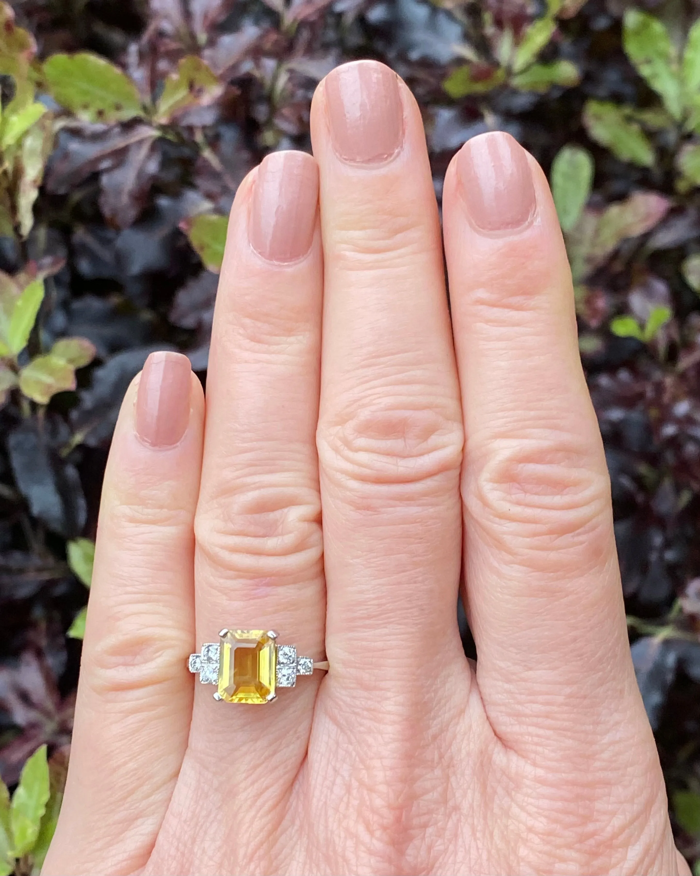 Art Deco Yellow Sapphire and Diamond Platinum Ring 0.18ct   2.85ct