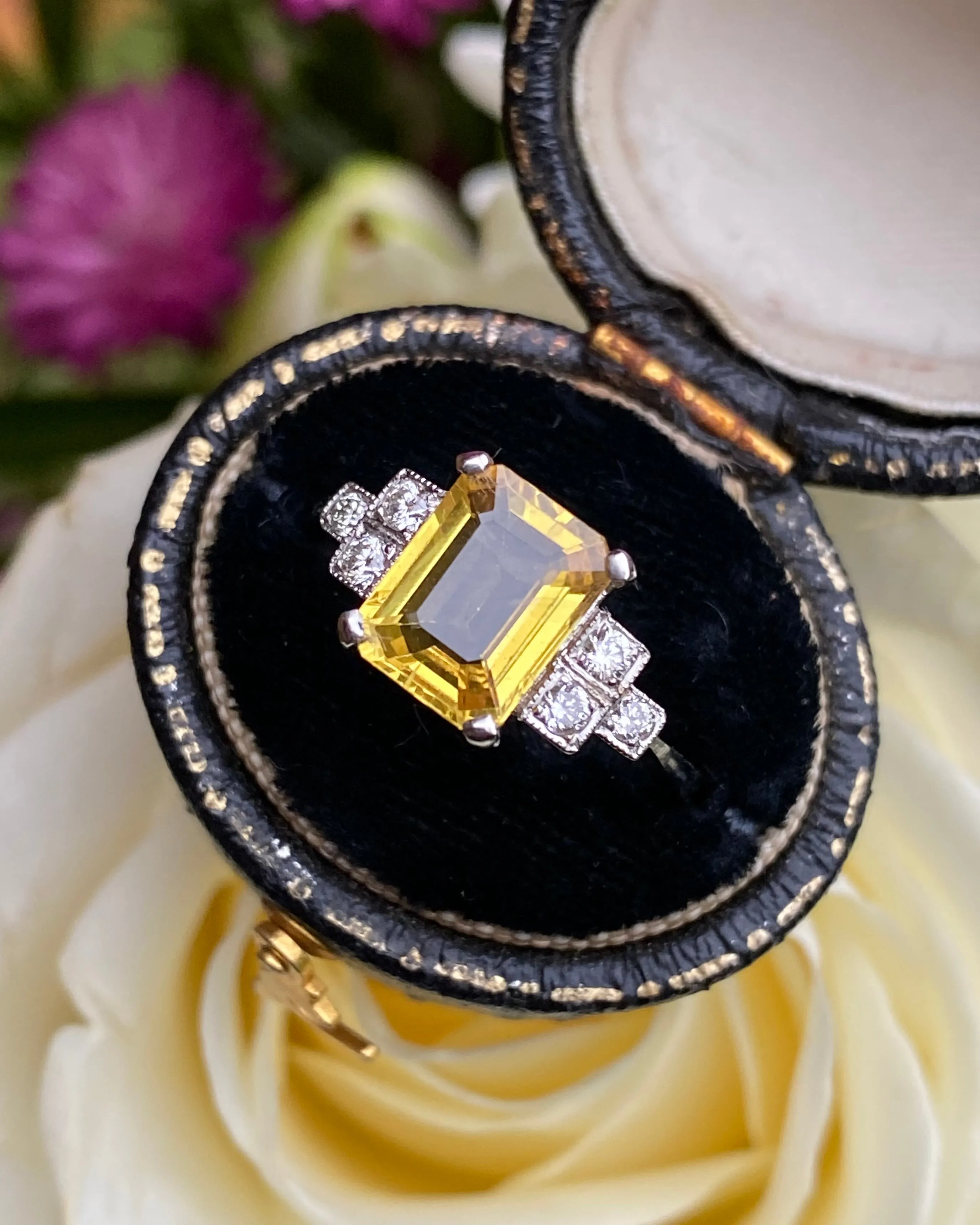 Art Deco Yellow Sapphire and Diamond Platinum Ring 0.18ct   2.85ct