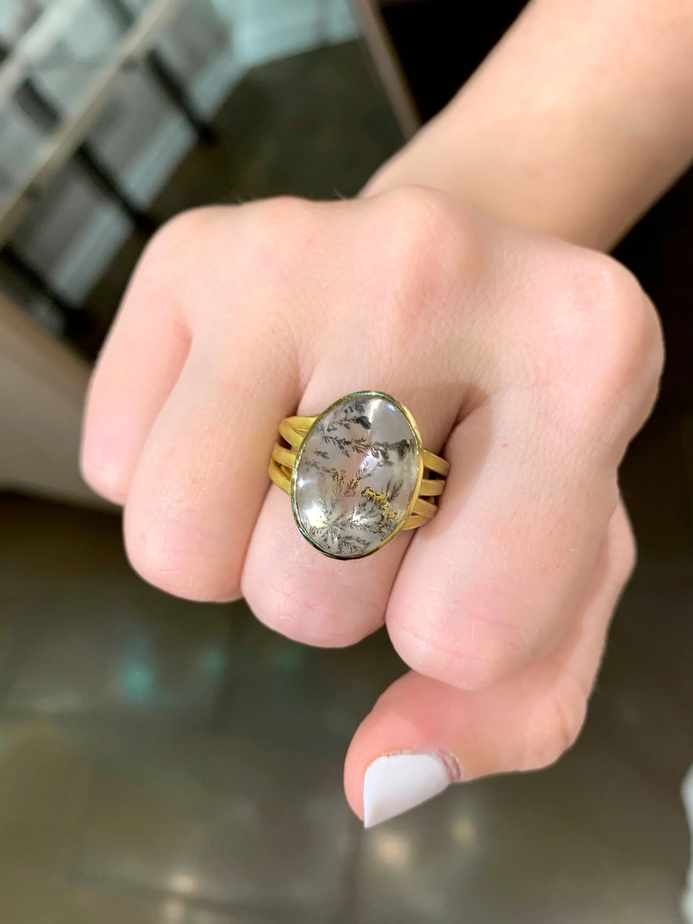 Barbara Heinrich Natural Dendrite Agate One of a Kind Gold Ribbon Ring