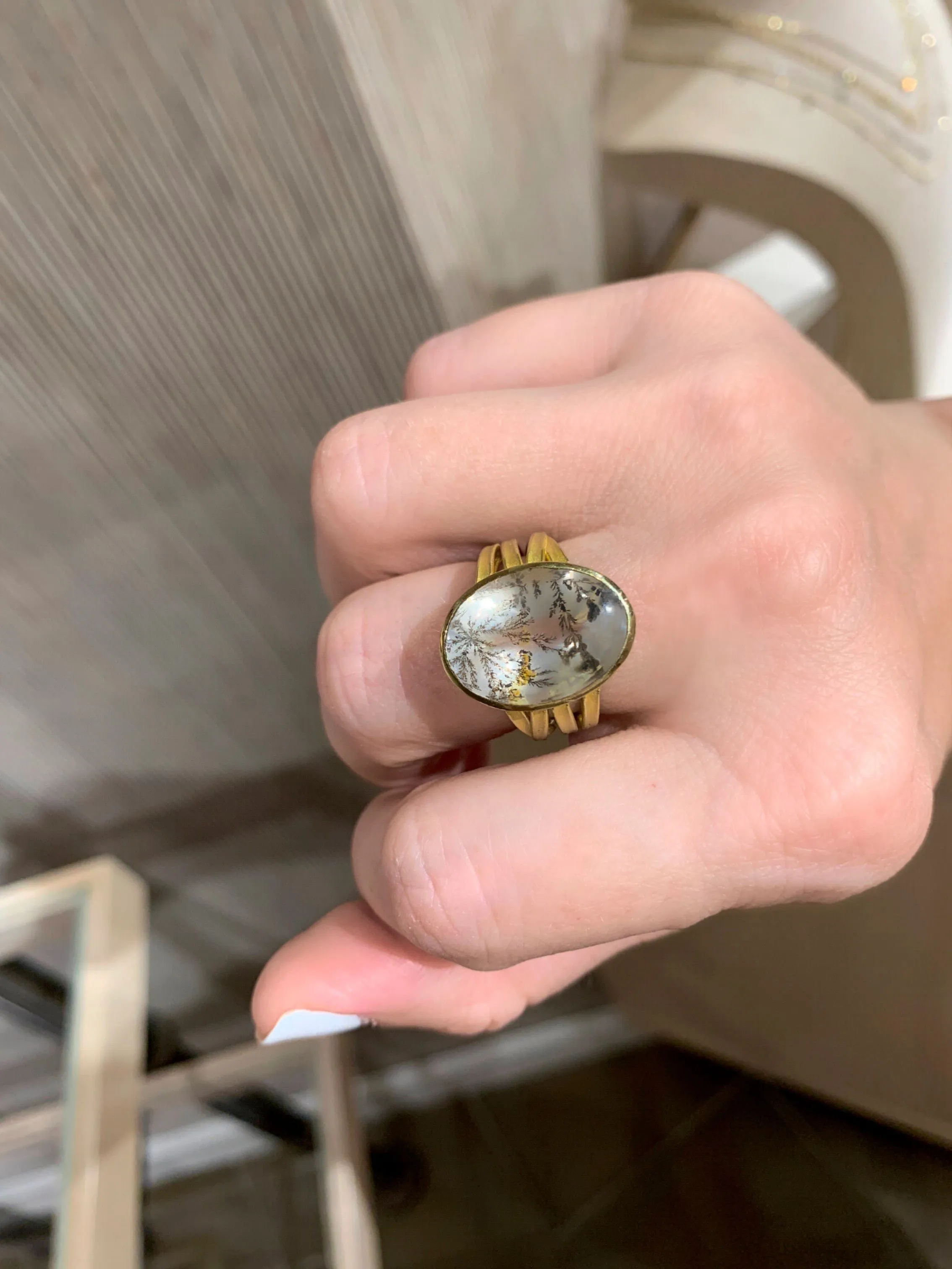 Barbara Heinrich Natural Dendrite Agate One of a Kind Gold Ribbon Ring