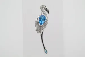 Blue Topaz Diamond Gold Flamingo Brooch Pin