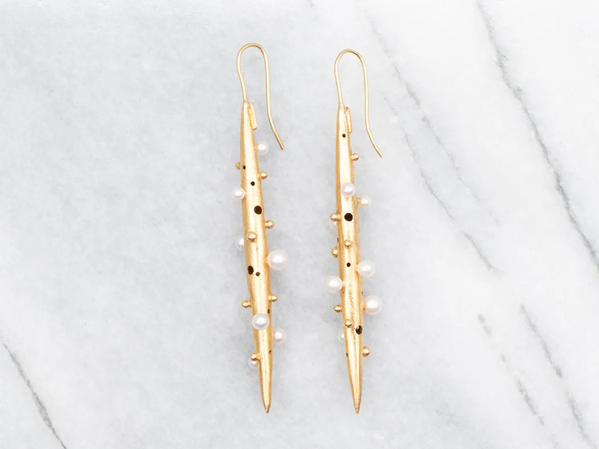 Brushed Gold and Pearl Drop Earrings