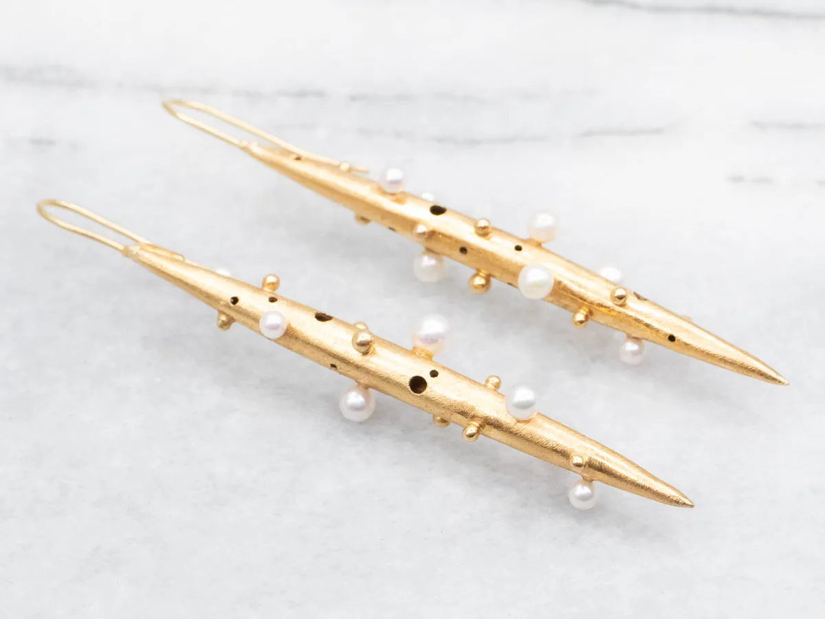 Brushed Gold and Pearl Drop Earrings
