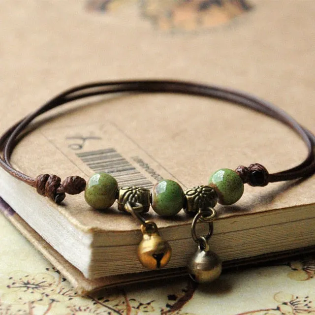 Ceramic Beads Bracelets Weave Rope Chain Silver Bronze Bell Charm Cuff Bangles Adjustable Wristbands Women Ethnic Jewelry Anklet