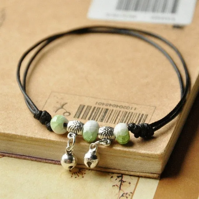 Ceramic Beads Bracelets Weave Rope Chain Silver Bronze Bell Charm Cuff Bangles Adjustable Wristbands Women Ethnic Jewelry Anklet