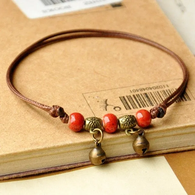 Ceramic Beads Bracelets Weave Rope Chain Silver Bronze Bell Charm Cuff Bangles Adjustable Wristbands Women Ethnic Jewelry Anklet