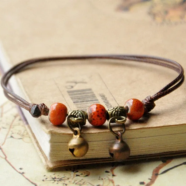Ceramic Beads Bracelets Weave Rope Chain Silver Bronze Bell Charm Cuff Bangles Adjustable Wristbands Women Ethnic Jewelry Anklet