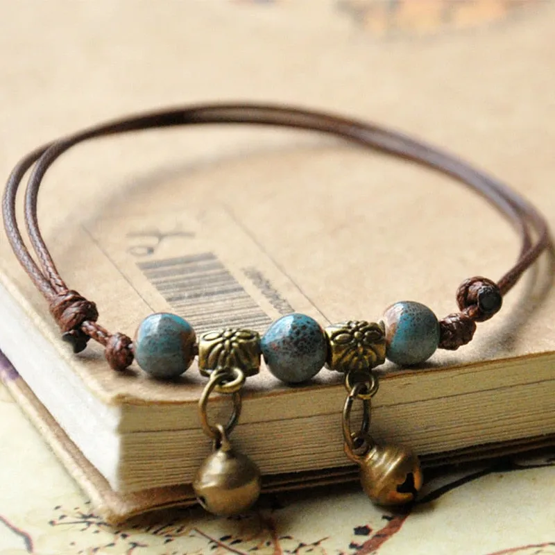 Ceramic Beads Bracelets Weave Rope Chain Silver Bronze Bell Charm Cuff Bangles Adjustable Wristbands Women Ethnic Jewelry Anklet