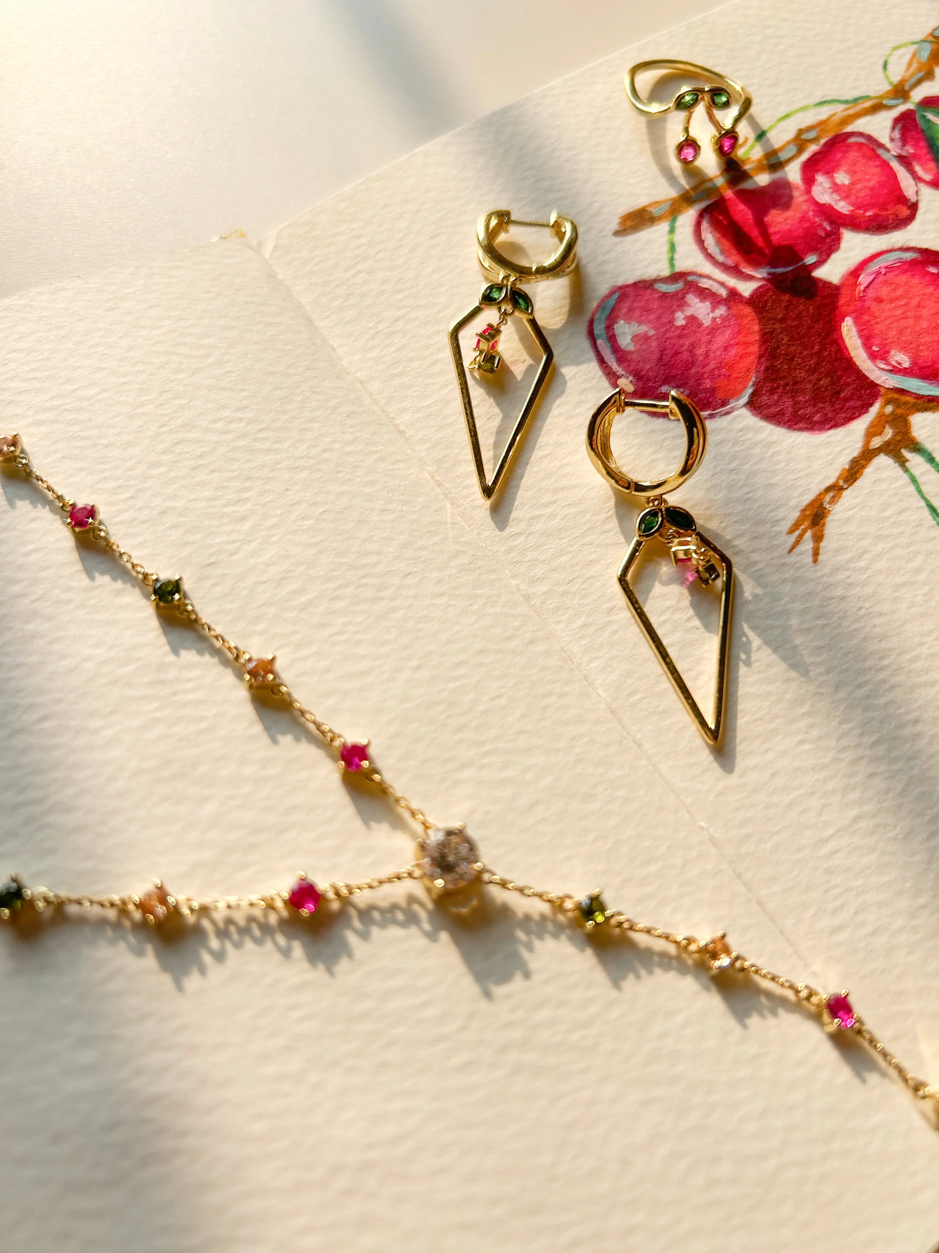 Cherry Colorful Gemstone Lariat Necklace Cherry Bombshell Jewelry Set Colletion