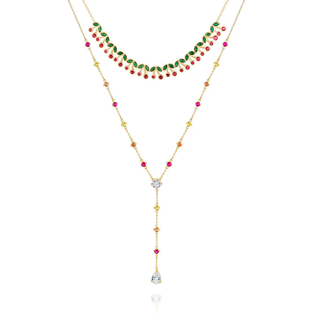 Cherry Colorful Gemstone Lariat Necklace Cherry Bombshell Jewelry Set Colletion