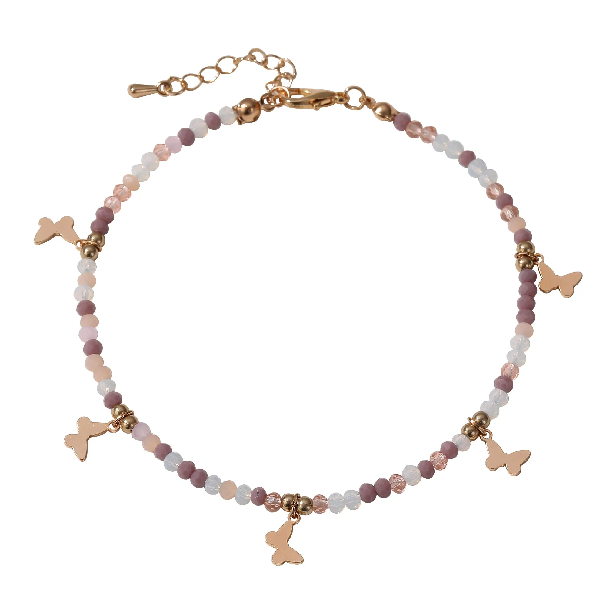 Colorful Beaded Anklet with Gold Butterfly Charms ?C Adjustable Boho Beach Jewelry