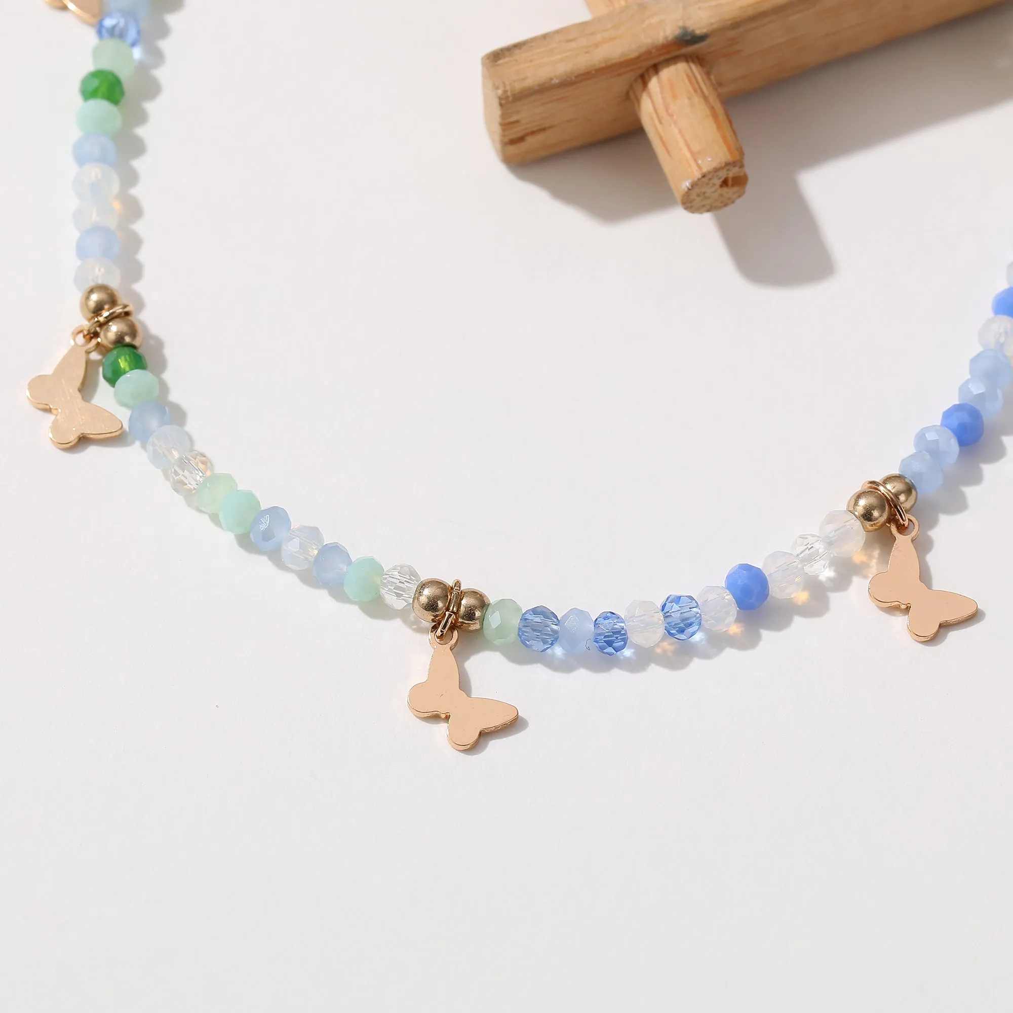 Colorful Beaded Anklet with Gold Butterfly Charms ?C Adjustable Boho Beach Jewelry
