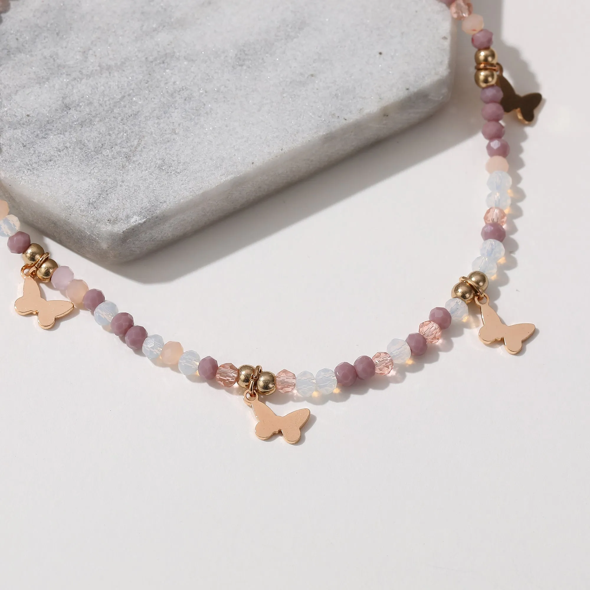 Colorful Beaded Anklet with Gold Butterfly Charms ?C Adjustable Boho Beach Jewelry