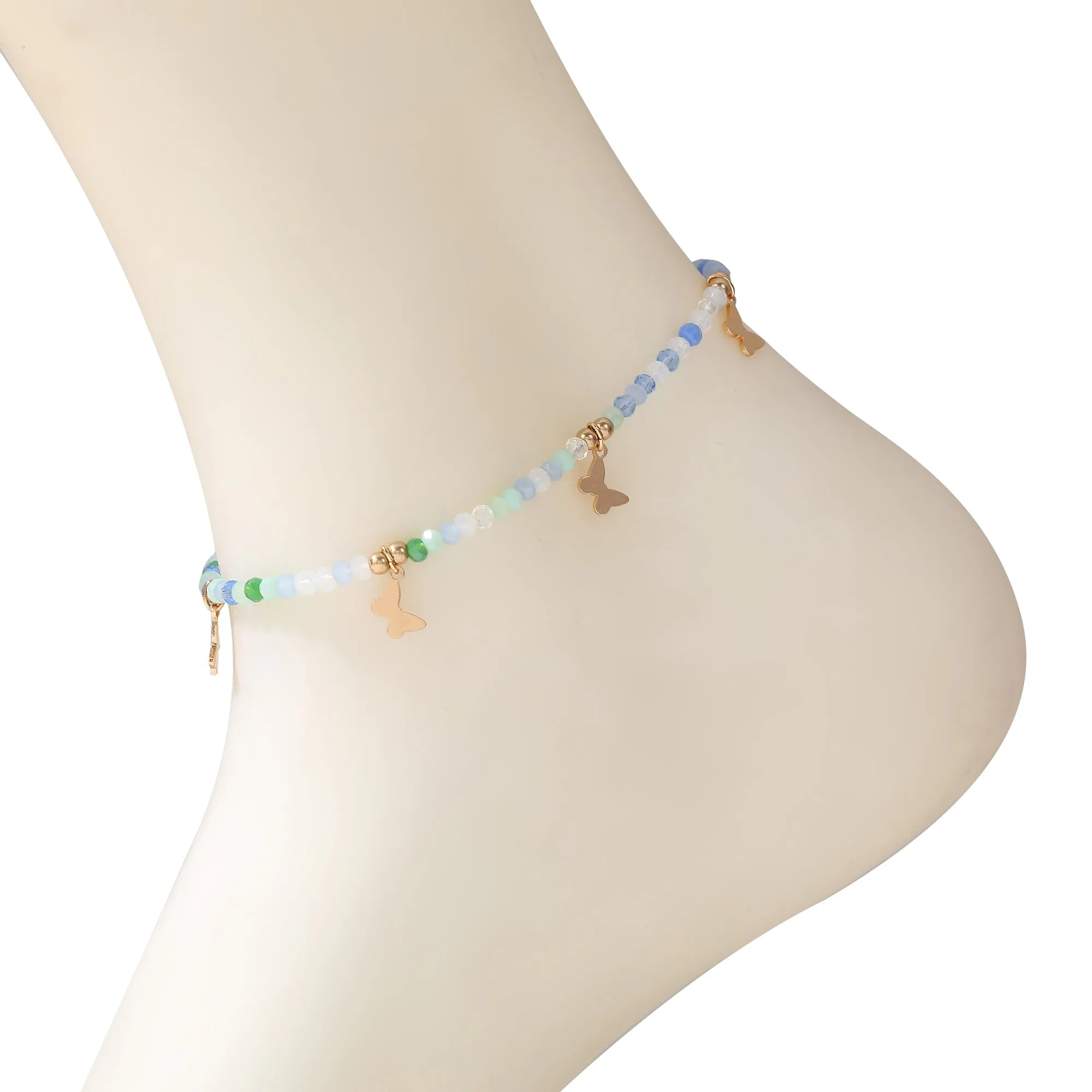 Colorful Beaded Anklet with Gold Butterfly Charms ?C Adjustable Boho Beach Jewelry