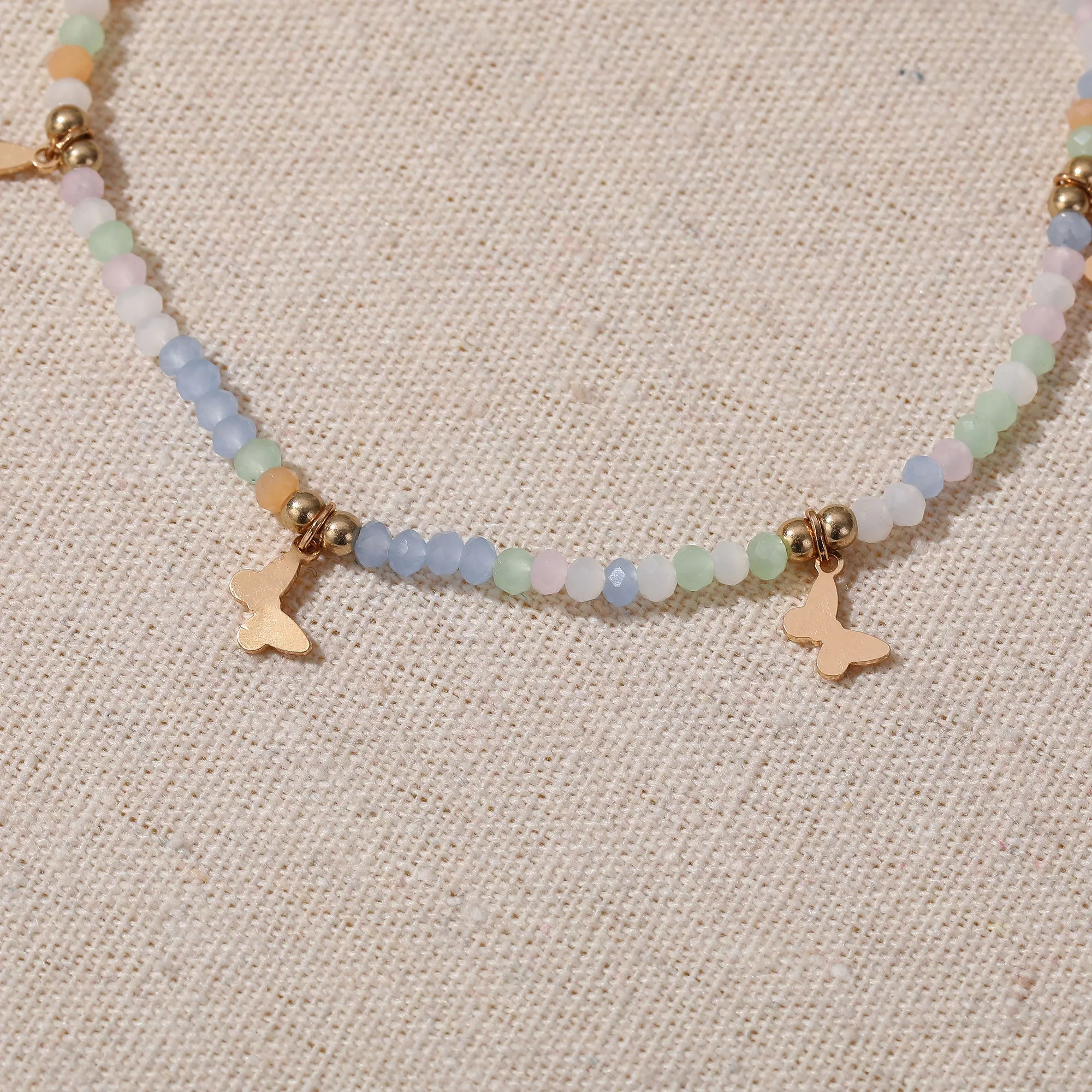 Colorful Beaded Anklet with Gold Butterfly Charms ?C Adjustable Boho Beach Jewelry