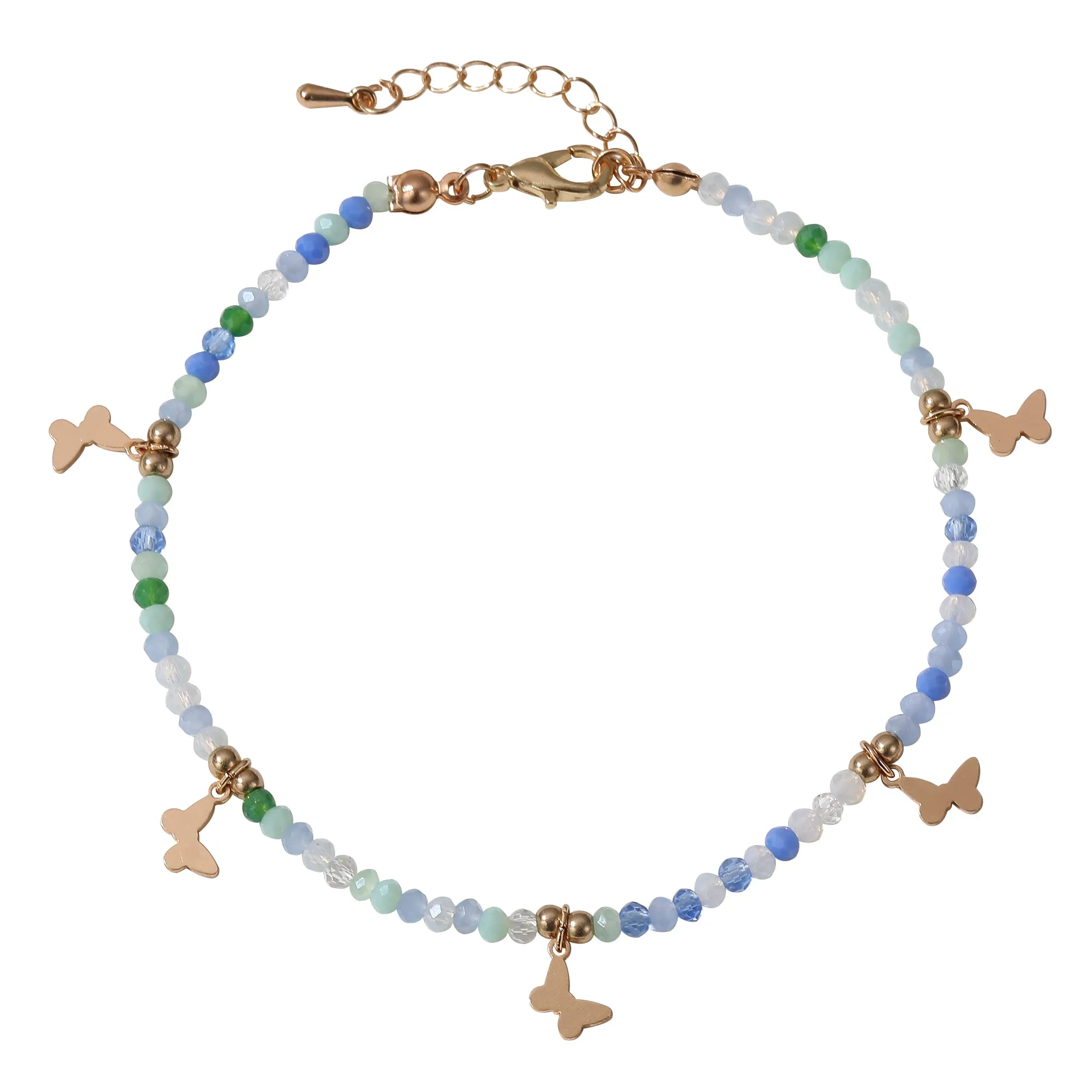 Colorful Beaded Anklet with Gold Butterfly Charms ?C Adjustable Boho Beach Jewelry
