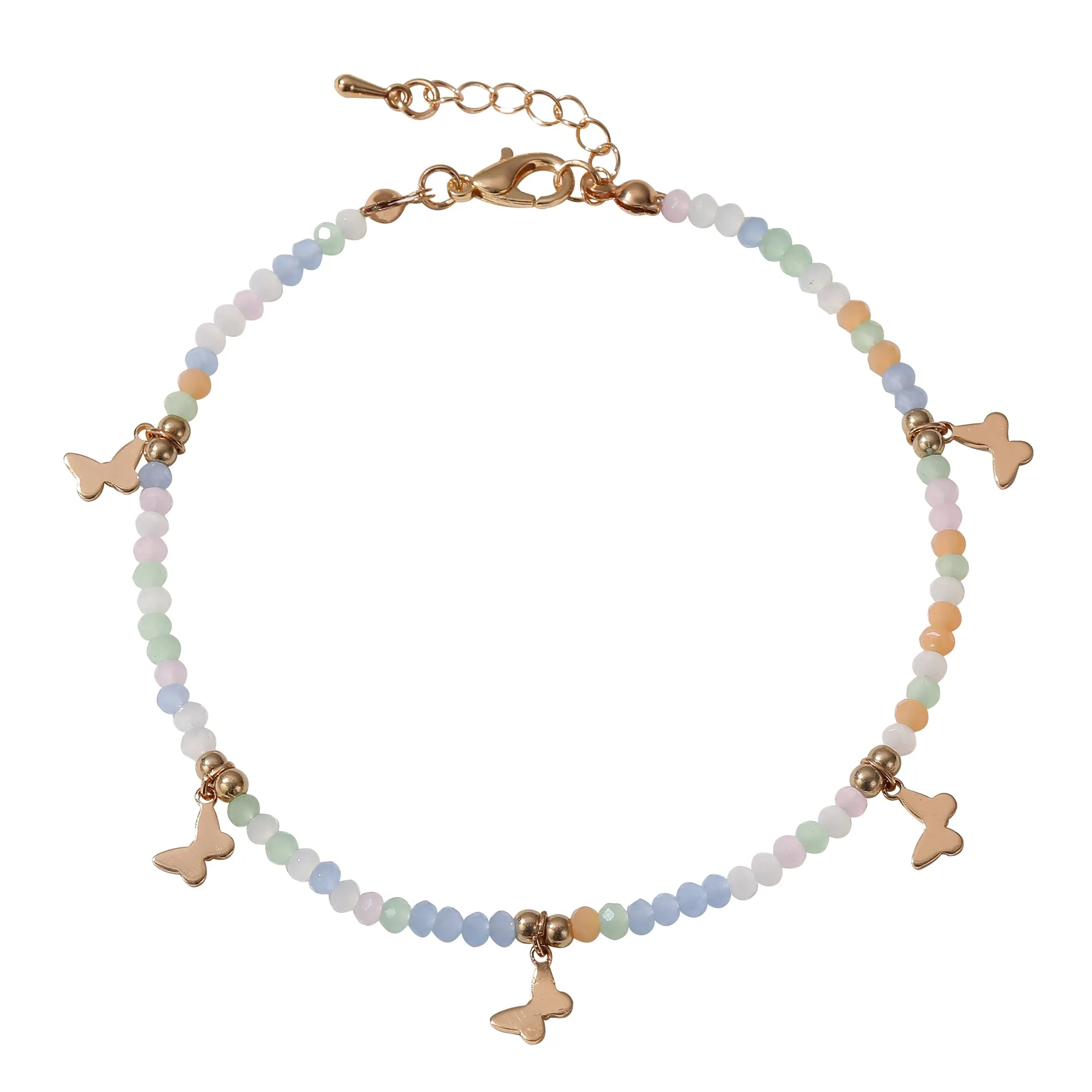Colorful Beaded Anklet with Gold Butterfly Charms ?C Adjustable Boho Beach Jewelry