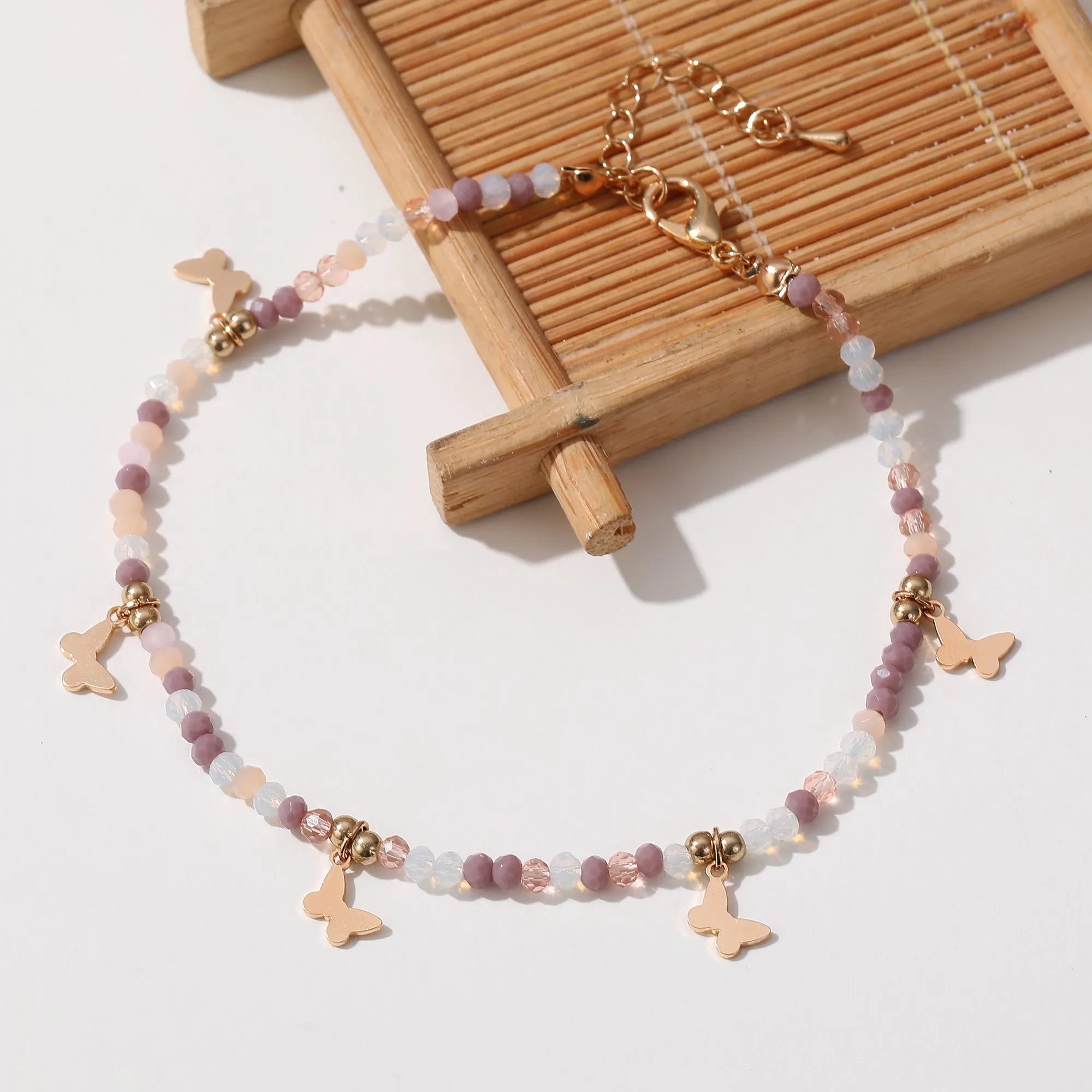 Colorful Beaded Anklet with Gold Butterfly Charms ?C Adjustable Boho Beach Jewelry