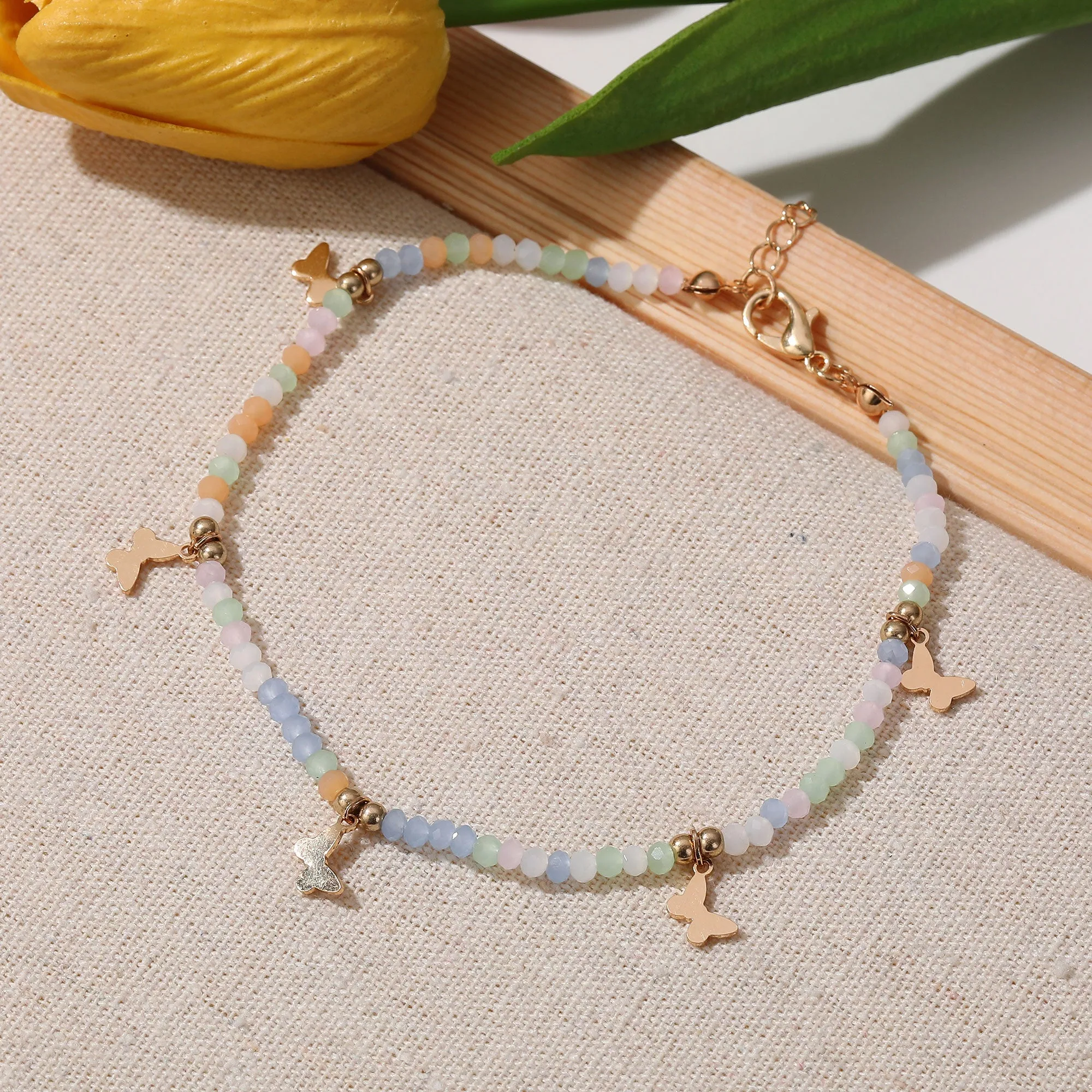 Colorful Beaded Anklet with Gold Butterfly Charms ?C Adjustable Boho Beach Jewelry