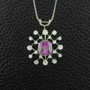 Cushion cut Pink Sapphire & Diamond Pendant/Pin