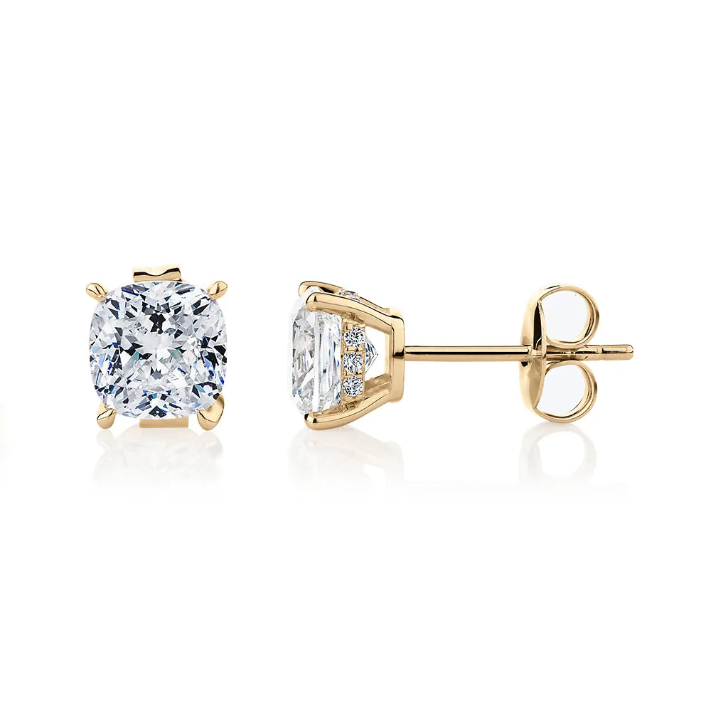 Cushion stud earrings with 2.18 carats* of diamond simulants in 10 carat yellow gold