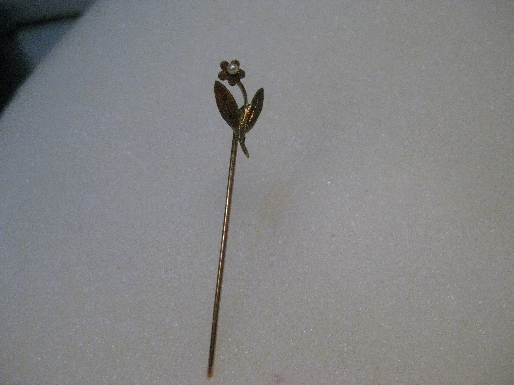 Estate 10kt FLower Stick Pin,  Rose Gold, Seed Pearl, 2", .79 grams