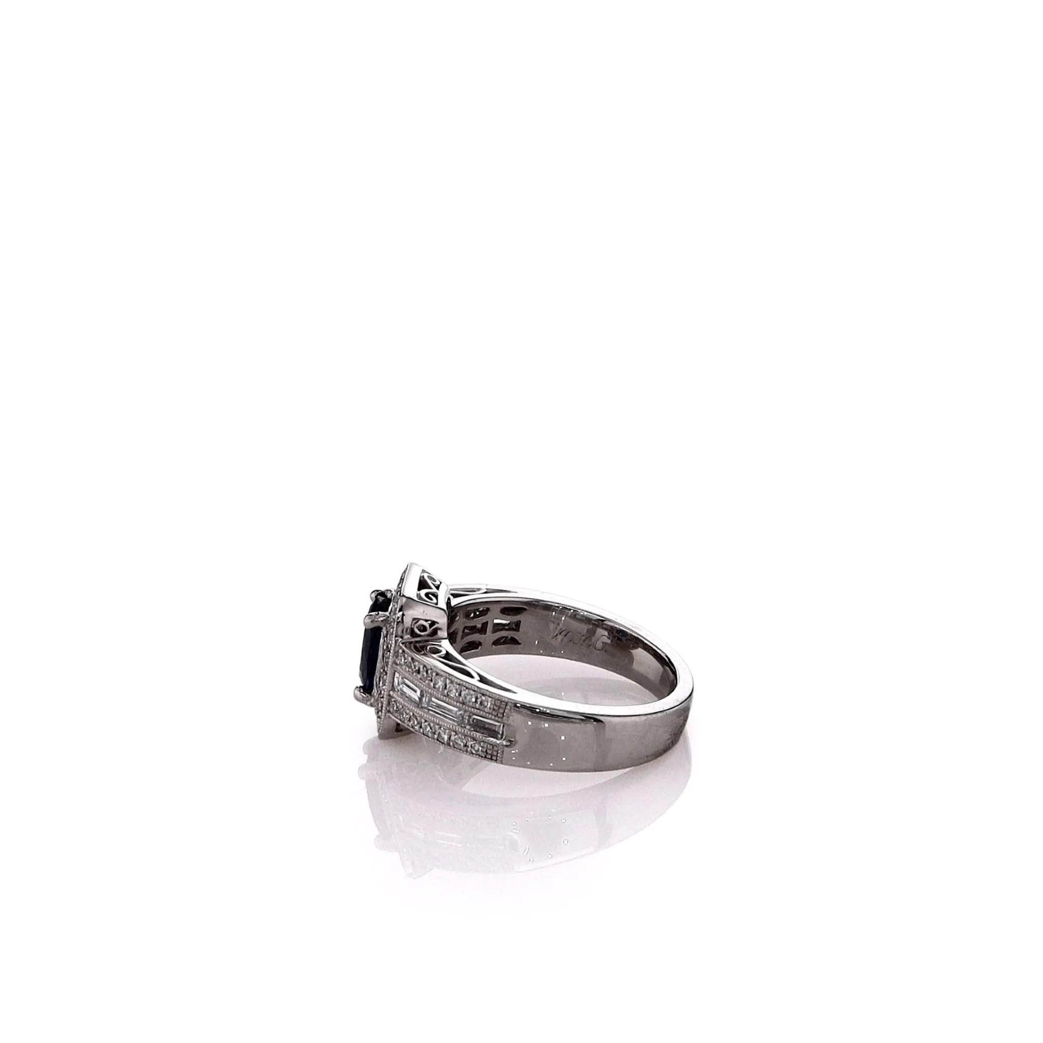 Estate Simon G. Platinum Sapphire and Diamond Triple Shank Halo Ring