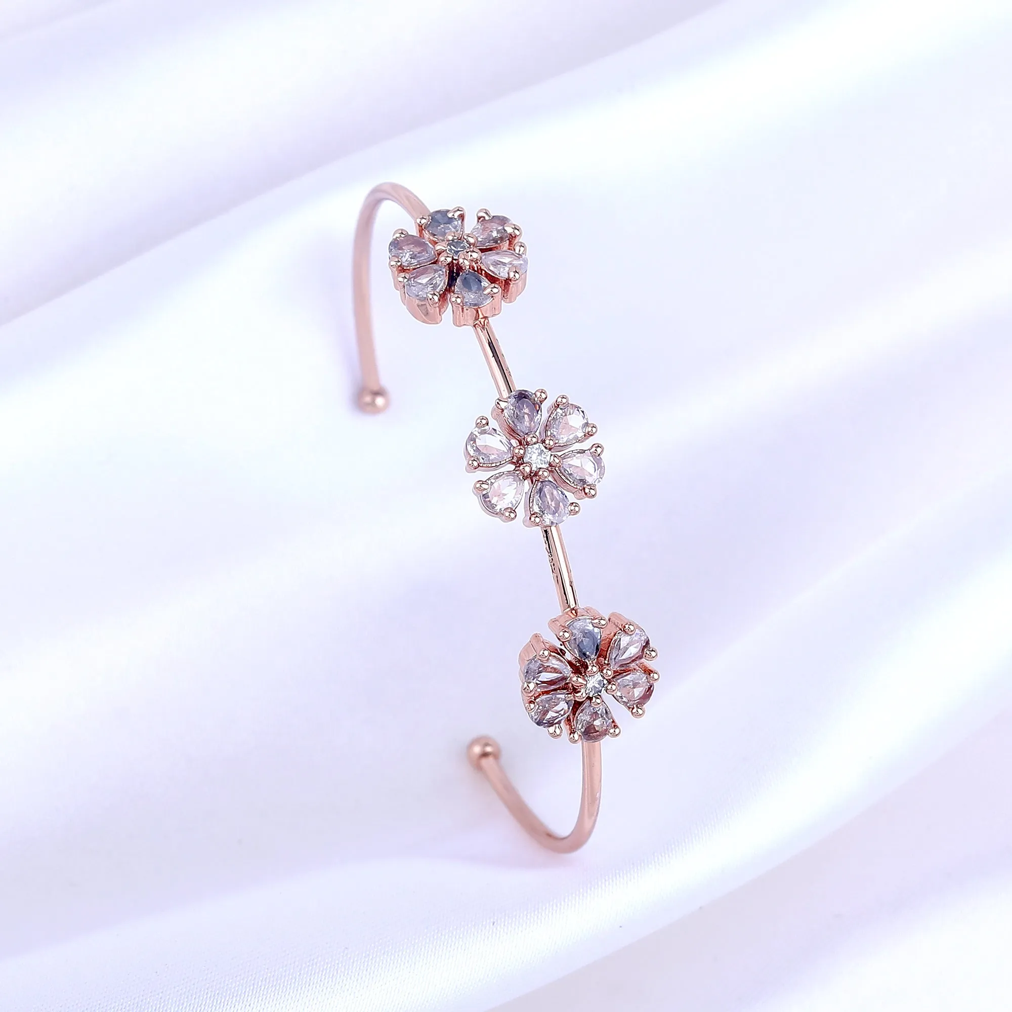Estele Rosegold Plated Exquisite Floral Designer Kada Bracelet with White American Diamonds for Girls and Women