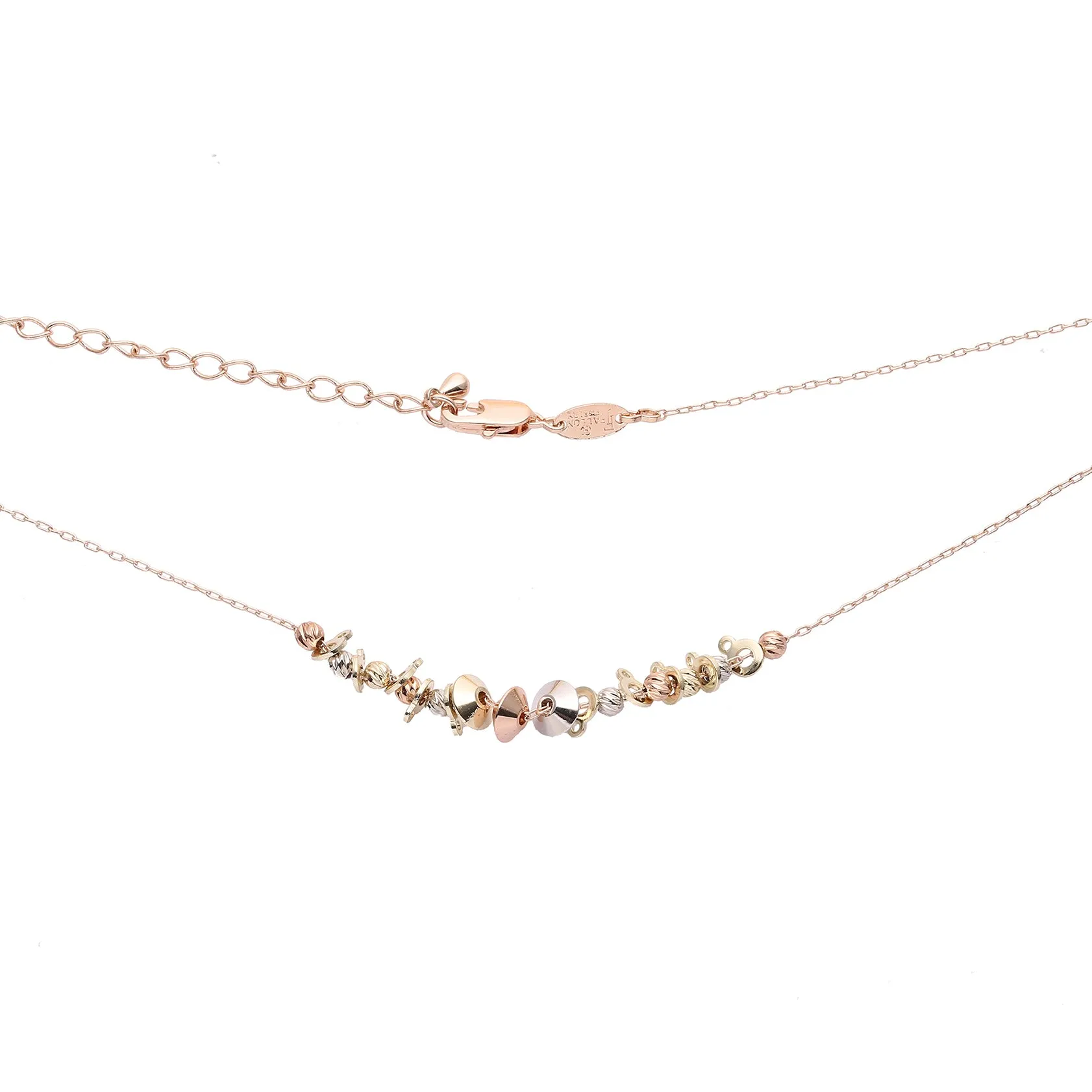 Fancy beads and disc 14K Gold, Rose Gold three tone necklace