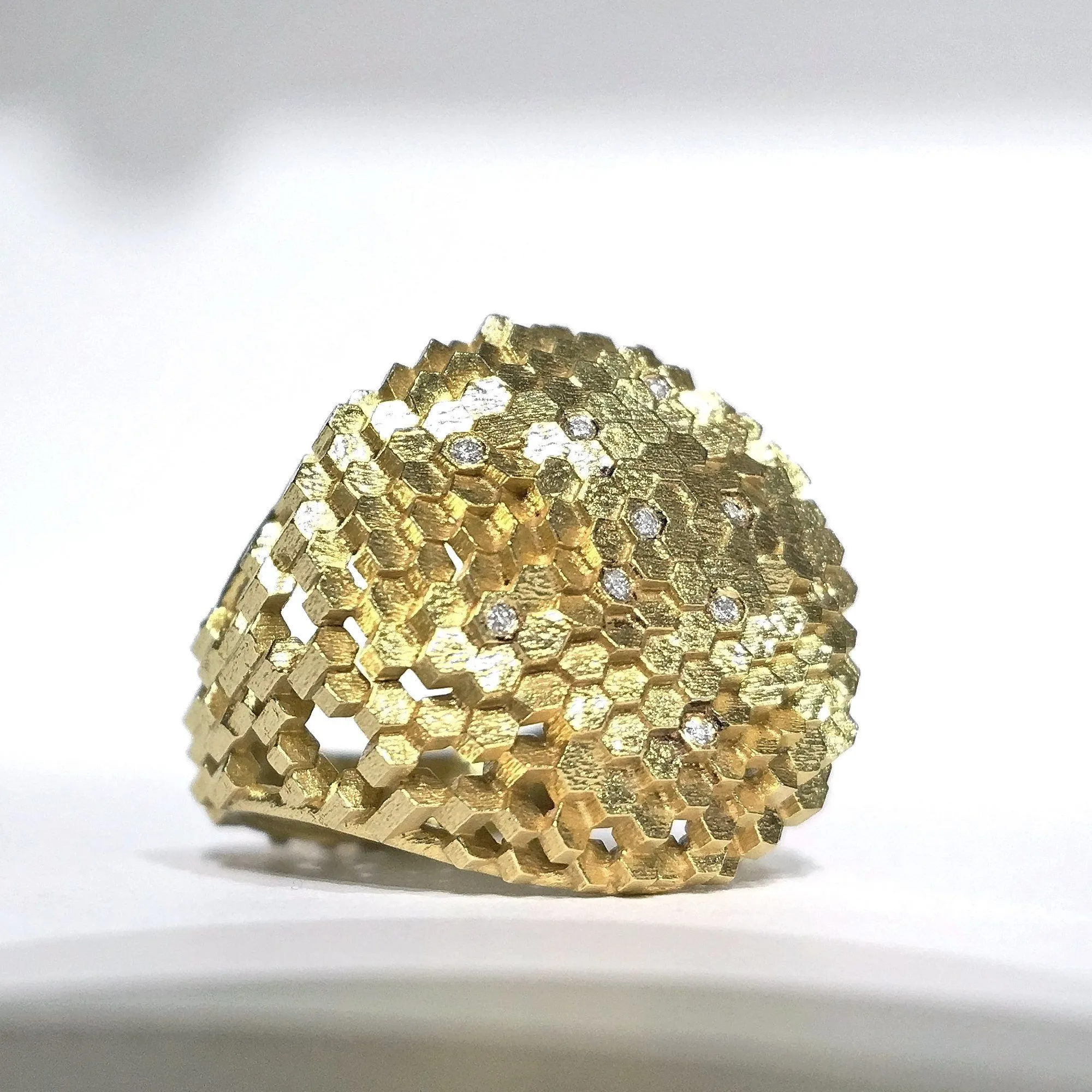 Jo Hayes Ward Diamond Hex Dome Structures Reflective Gold Ring