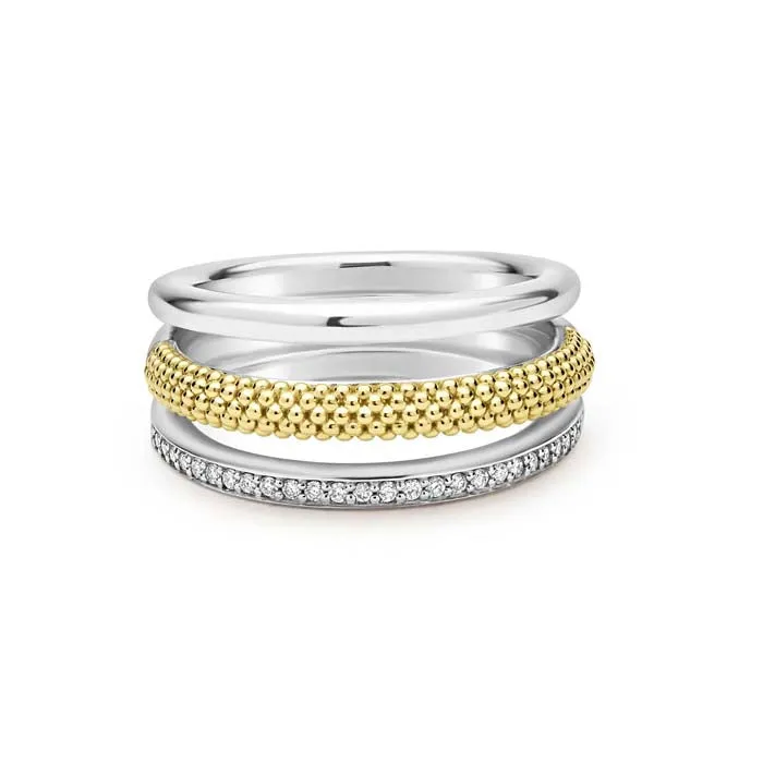 LAGOS Two-Tone Three Row Diamond Ring in Sterling Silver and 18K Yellow Gold