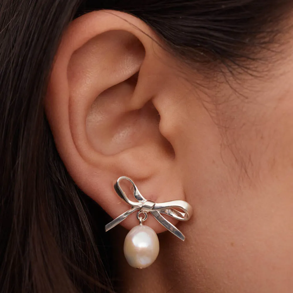 Meadowlark Bow Pearl Earrings - Sterling Silver
