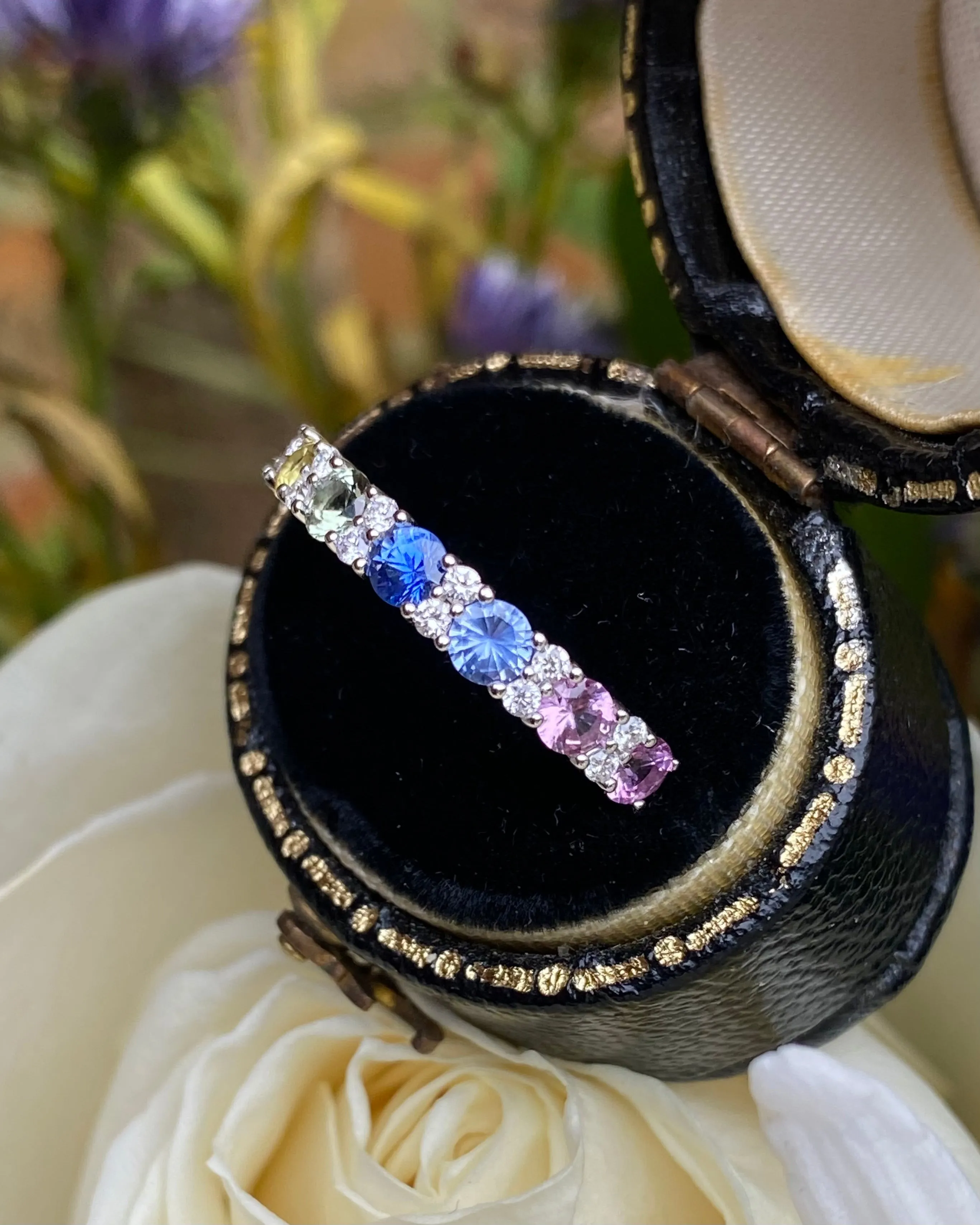 Multi-Coloured Sapphire and Diamond Rainbow Half Eternity Ring 18ct White Gold 0.14ct   1.08ct