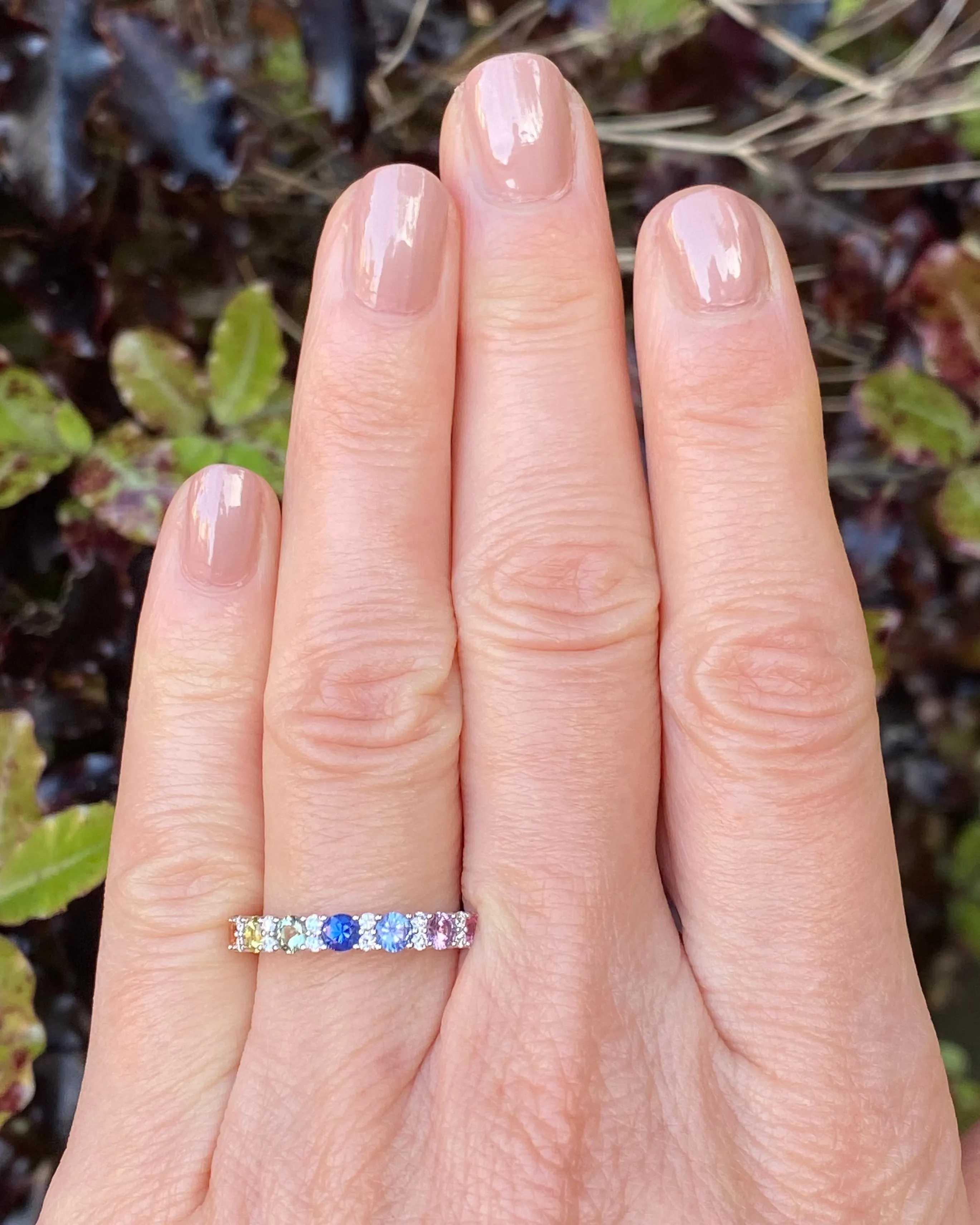 Multi-Coloured Sapphire and Diamond Rainbow Half Eternity Ring 18ct White Gold 0.14ct   1.08ct